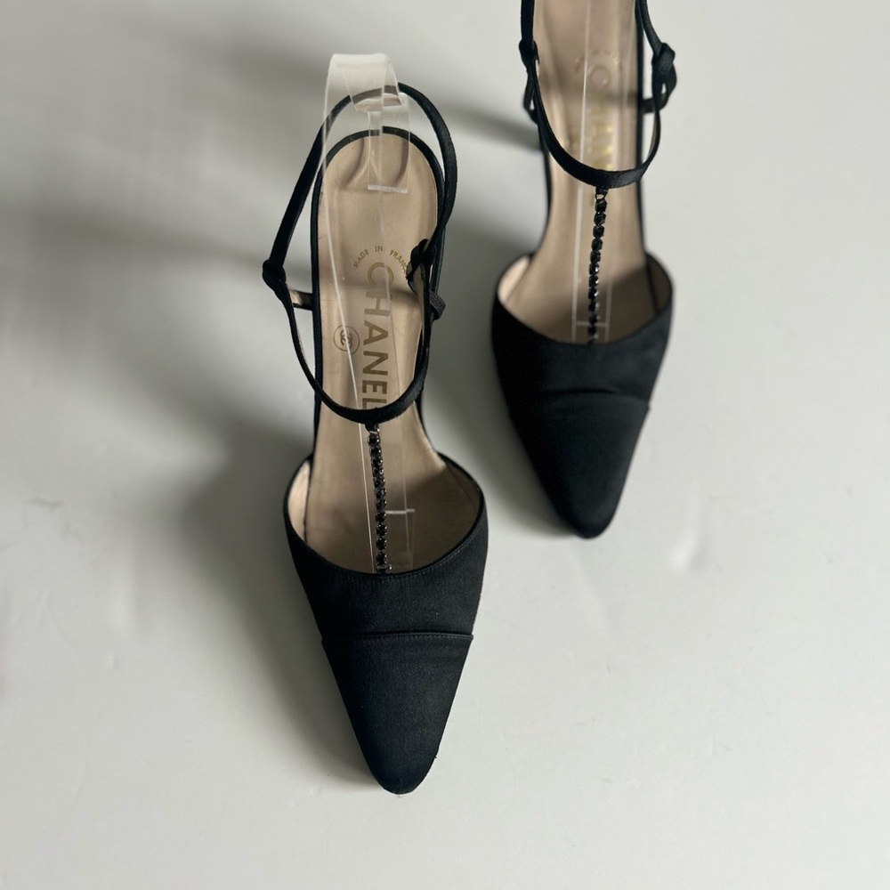 CHANEL Vintage Black Silk Satin T-Strap Heels Rhinestone Detail Karl Lagerfeld - Picture 2 of 13